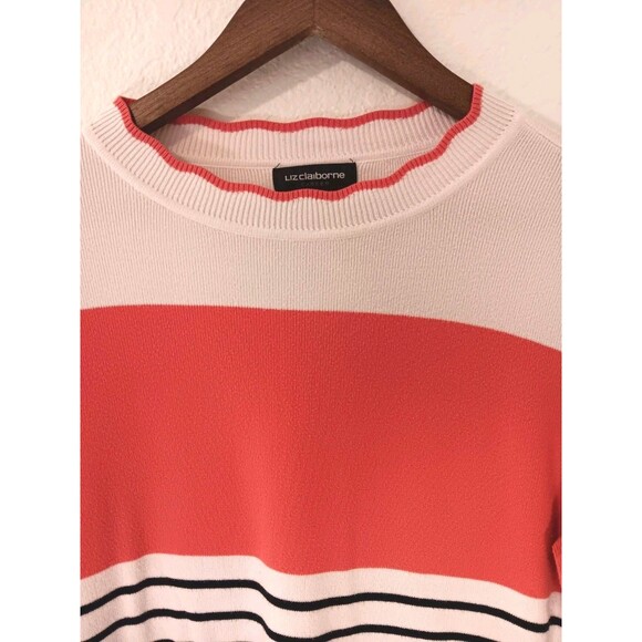 Liz Claiborne Career Striped Colorblock Sweater XL Coral White Navy Ribbed Crew - Picture 2 of 10